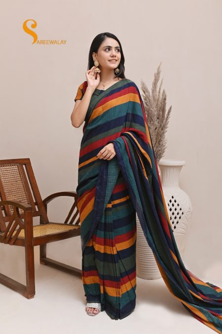 Plain Lawn Multicolor Straps Saree