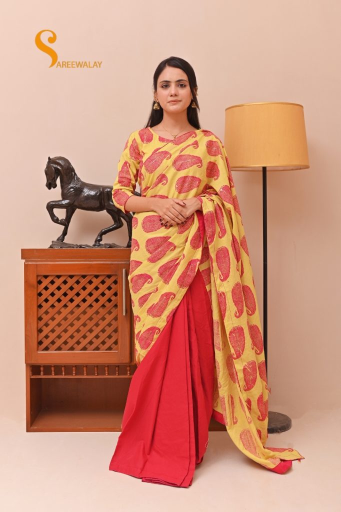 Lawn Light Dhani Printed & Embossed Saree
