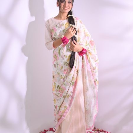 Light Pink Lawn Printed Flower Saree