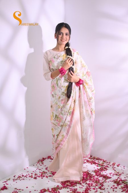 Light Pink Lawn Printed Flower Saree