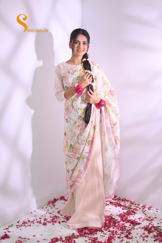Light Pink Lawn Printed Flower Saree