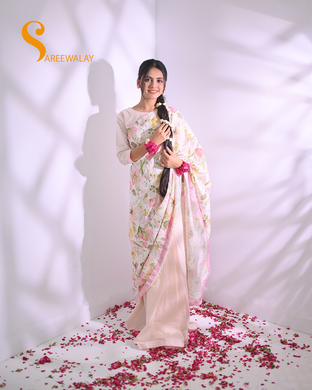 Light Pink Lawn Printed Flower Saree